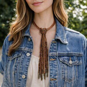 Multistrand Rosy Brown Leather Choker w/ Beaded Strands Necklace